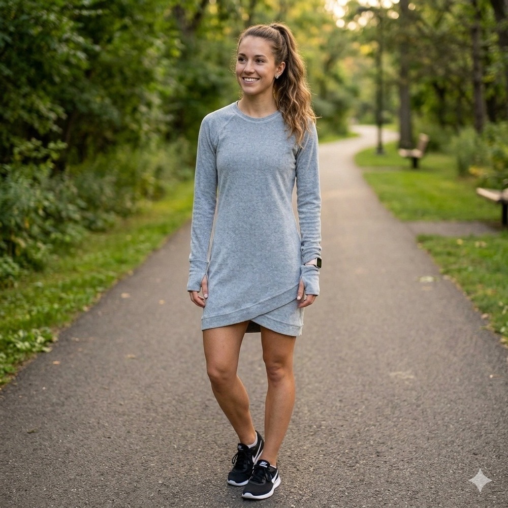 Athleta Sporty Sweatshirt Dress Womens XS Grey Raglan Sleeve Mini Crew Neck